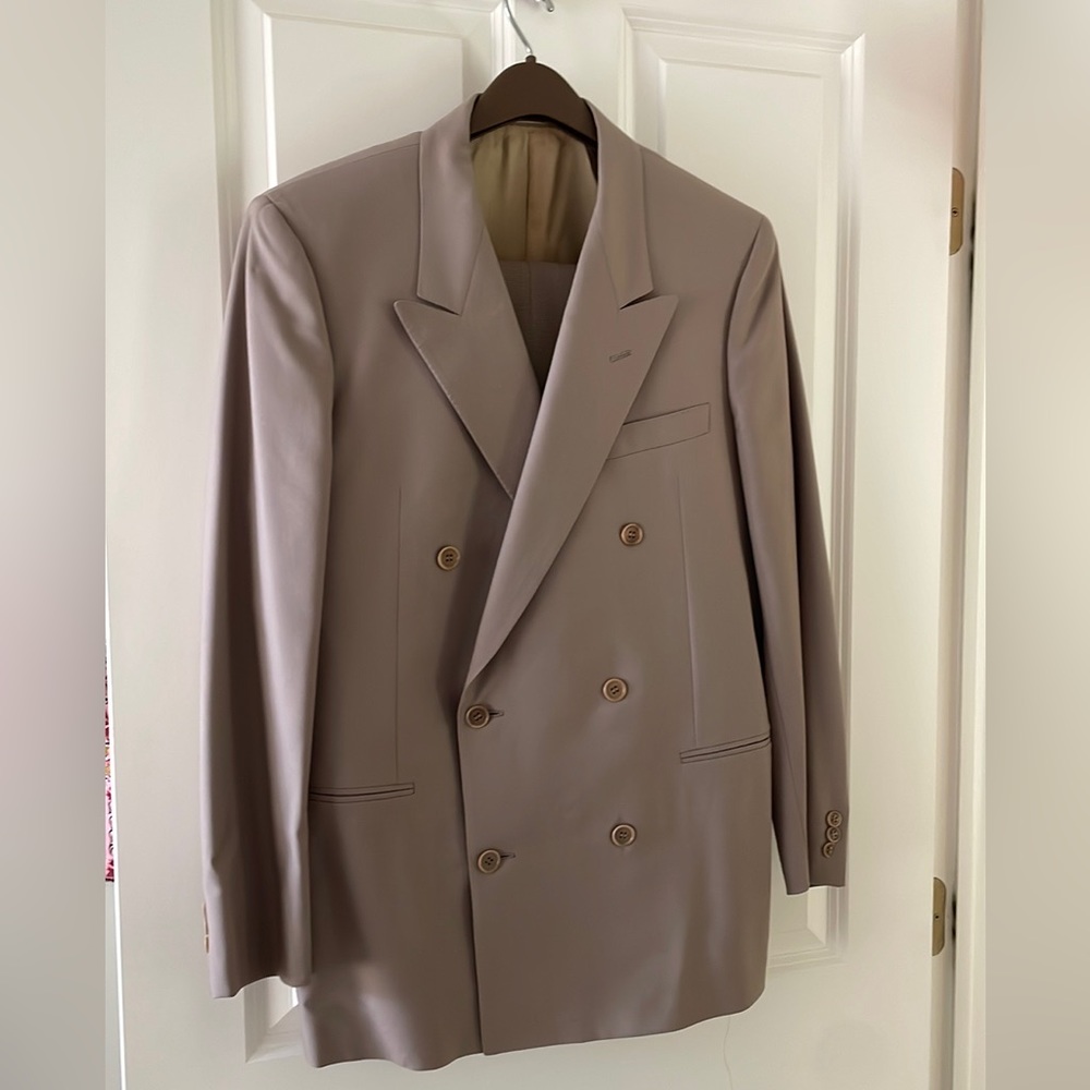 Brown Corneliani suit, beige with tortoise buttons.